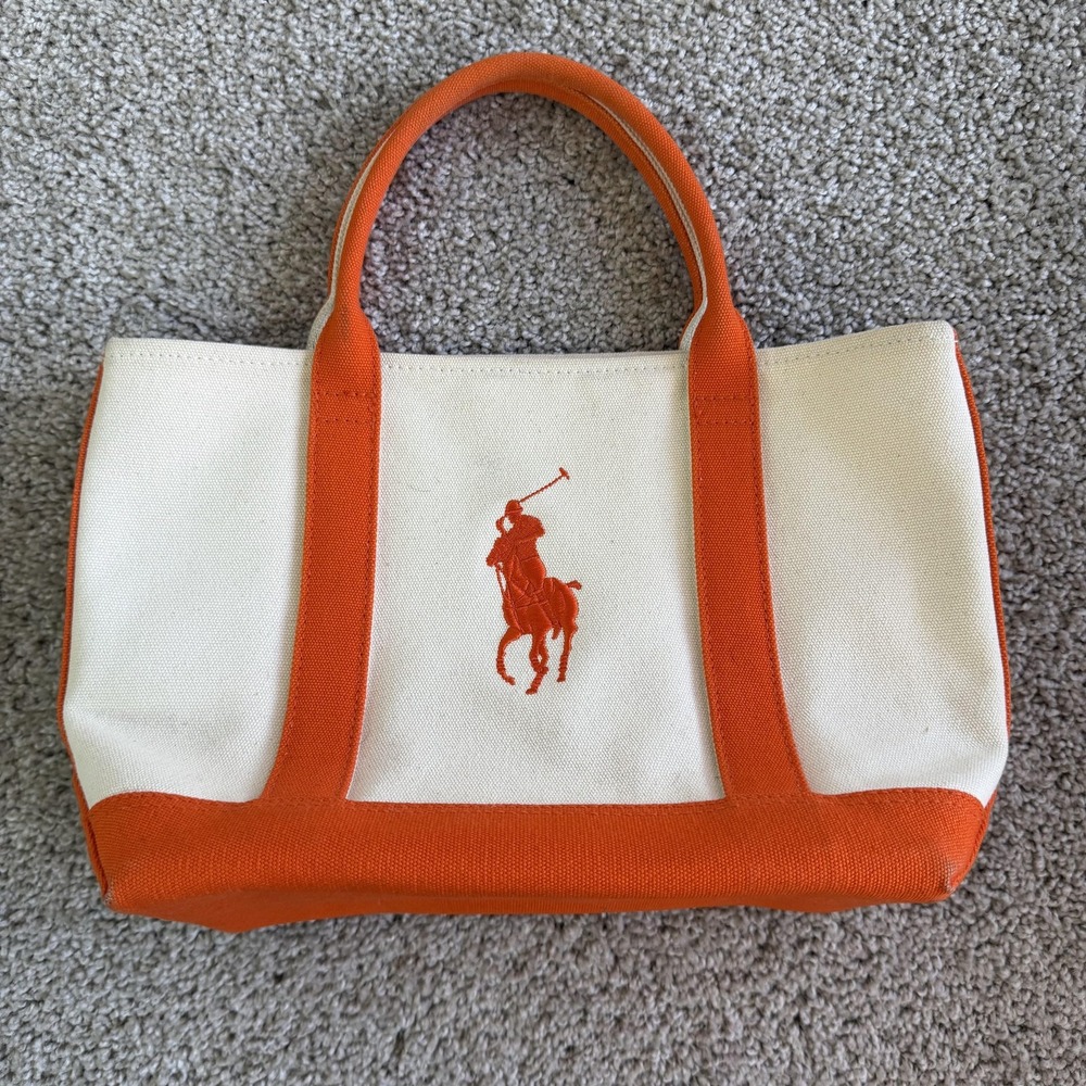 Polo Ralph Lauren Tote Bag Womens Small White Canvas Orange Big Pony Logo
